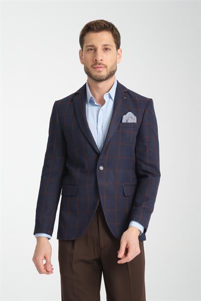 Martin Ekose Erkek Koyu Lacivert-Kahve Poliviskon Kumaşlı Slim Fit Mono Yaka Spor Blazer Ceket