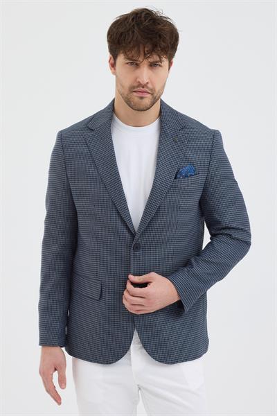 Mathus Erkek Lacivert Poliviskon Kumaşlı Kazayağı Desenli Slim Fit Mono Yaka Spor Blazer Ceket