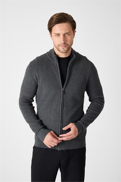 Mattias Erkek Füme Selanik Örğülü Tam Fermuarlı Dik Yaka Regular Fit Hırka Kazak
