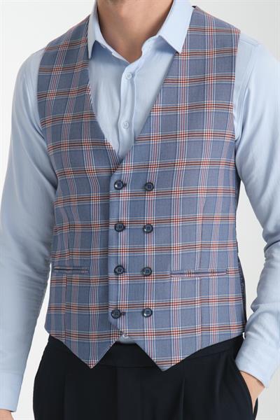 Mavi-Bordo Ekose Desenli V Yaka Kruvaze Yelek Slim Fit