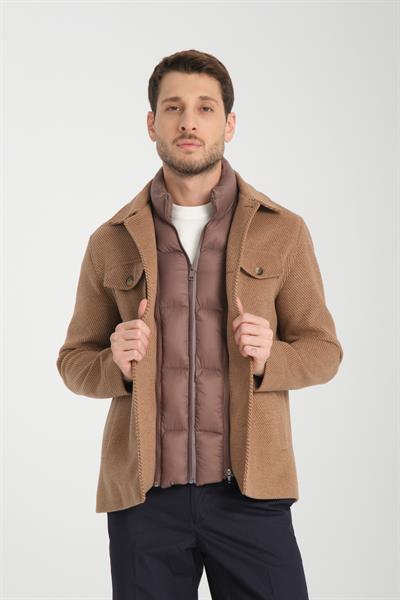 Maxi Erkek Camel Diagonel Likralı Kısa Önü Çıkmalı Kaşe-Kaban
