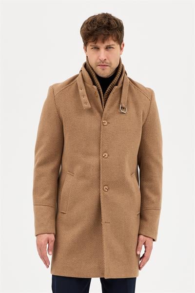 Maxi Erkek Camel Kaşe Kalın Kaban Palto Çıkma Ribana Yakalı Standart Fit