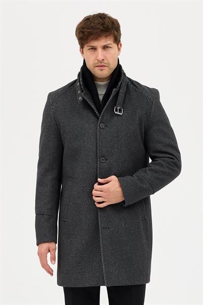 Maxi Erkek Siyah-Gri Kaşe Kalın Kaban Palto Çıkma Ribana Yakalı Standart Fit
