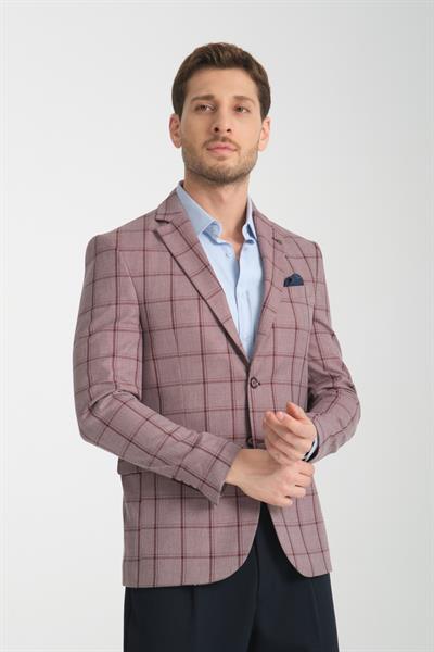 Medardo Erkek Bordo Ekoseli Slim Fit Dar Kesim Mono Yaka Spor Blazer Ceket