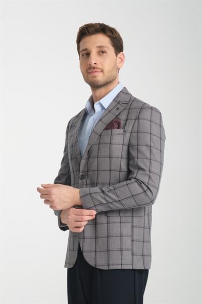 Medardo Erkek Lacivert Ekoseli Slim Fit Dar Kesim Mono Yaka Spor Blazer Ceket