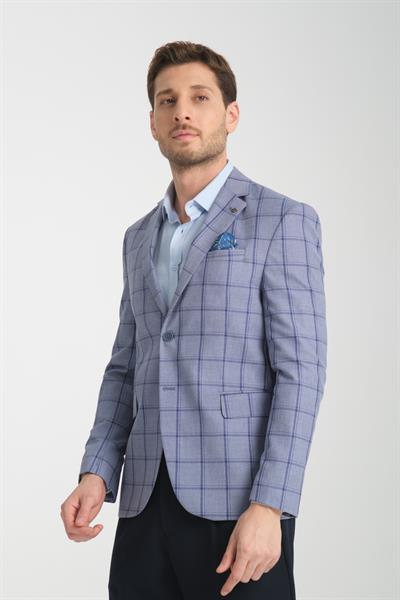 Medardo Erkek Saks Ekoseli Slim Fit Dar Kesim Mono Yaka Spor Blazer Ceket
