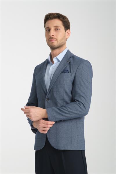 Mendes Erkek Lacivert Ekose Slim Fit Mono Yaka Spor Blazer Ceket