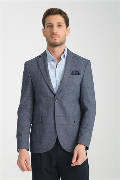 Mendes Erkek Lacivert Ekose Slim Fit Mono Yaka Spor Blazer Ceket