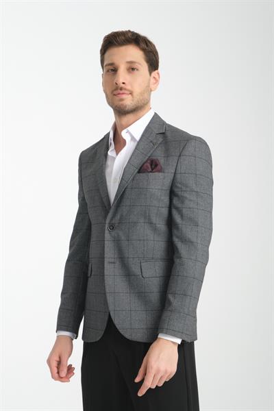 Mendes Erkek Siyah Ekose Slim Fit Mono Yaka Spor Blazer Ceket