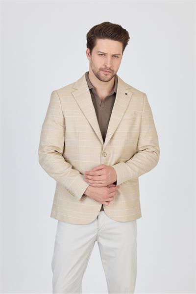 Mendey Erkek Bej Ekose Keten Görünümlü Slim Fit Spor Blazer Ceket