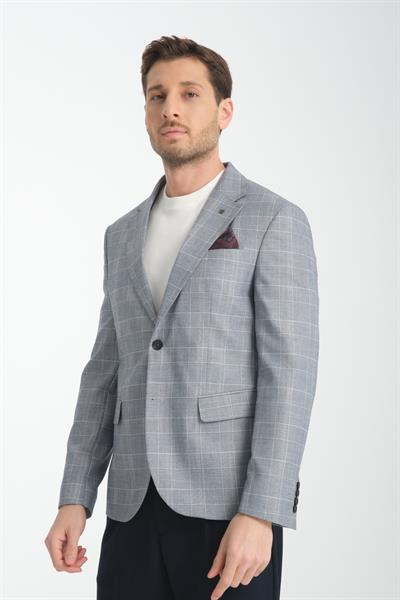 Mendey Erkek Lacivert Ekose Keten Görünümlü Slim Fit Spor Blazer Ceket