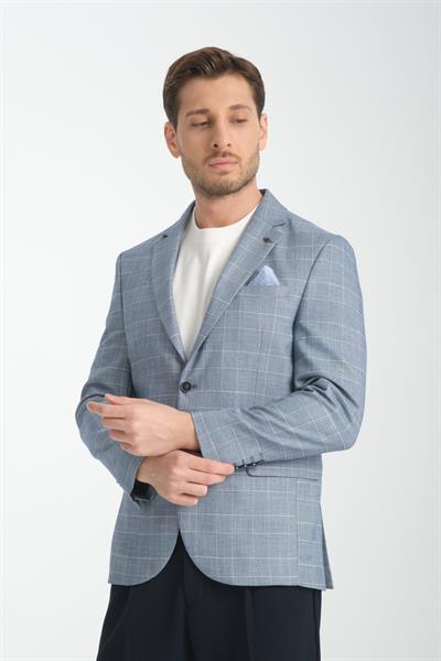 Mendey Erkek Lacivert Ekose Keten Görünümlü Slim Fit Spor Blazer Ceket