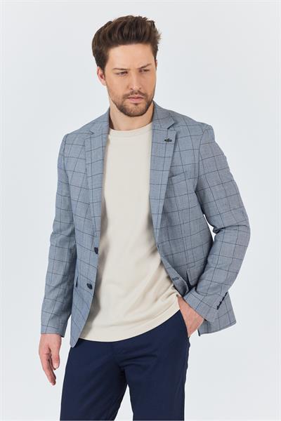 Merillon Erkek Açık Lacivert Ekose Polyviskon Kumaşlı Spor Blazer Ceket