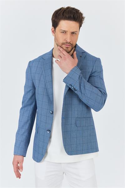 Merillon Erkek İndigo Ekose Polyviskon Kumaşlı Spor Blazer Ceket