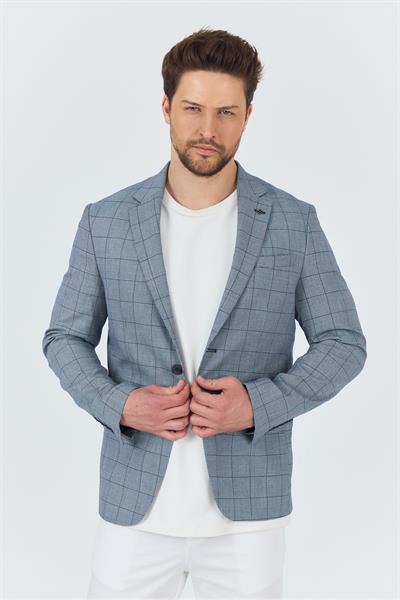 Merillon Erkek Lacivert Ekose Polyviskon Kumaşlı Spor Blazer Ceket