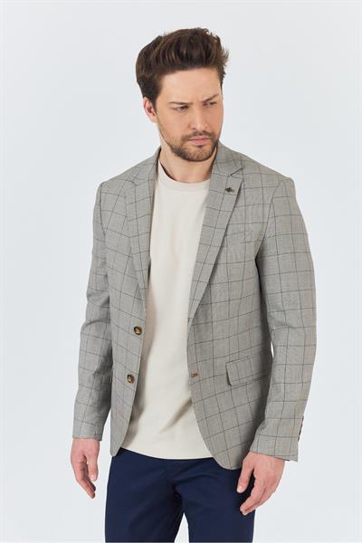 Merillon Erkek Vizon Ekose Polyviskon Kumaşlı Spor Blazer Ceket