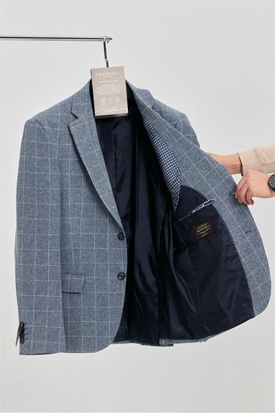 Messini Erkek Koyu Lacivert Ekose Kumaşlı Mono Yaka Blazer Ceket (Büyük Beden - Battal)