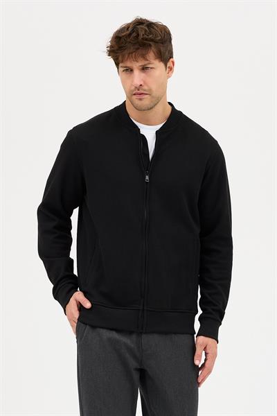 Mirlos Erkek Siyah Petek Örgülü Slim Fit Dik Yaka Uzun Fermuarlı Sweatshirt
