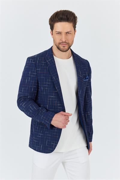 Modero Erkek Lacivert-Bordo Ekose Kareli Polyviskon Kumaşlı Slim Fit Dar Kesim Spor Blazer Ceket