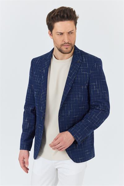 Modero Erkek Lacivert-Hardal Ekose Kareli Polyviskon Kumaşlı Slim Fit Dar Kesim Spor Blazer Ceket