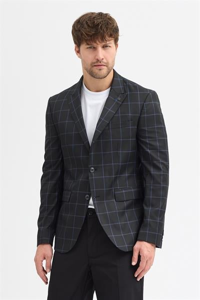 Naldo Erkek Siyah-Mavi Ekose Desenli Poliviskon Kumaşlı Slim Fit Spor Blazer Ceket