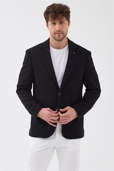 Nasio Erkek Siyah 360 Esneyen Pamuk Karışımlı Slim Fit Mono Yaka Spor Blazer Ceket