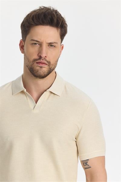 Nikol Erkek Bej Likralı Pamuk Karışımlı Esneyen Kumaş Spor Yaka Slim Fit Polo Yaka T-Shirt