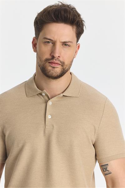Nikol Erkek Camel Likralı Pamuk Karışımlı Melanj Efektli Slim Fit Kıvrılmaz Yaka Polo Yaka T-Shirt