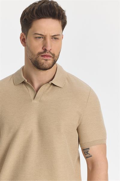 Nikol Erkek Camel Likralı Pamuk Karışımlı Esneyen Kumaş Spor Yaka Slim Fit Polo Yaka T-Shirt