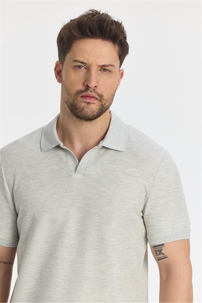 Nikol Erkek Gri Likralı Pamuk Karışımlı Esneyen Kumaş Spor Yaka Slim Fit Polo Yaka T-Shirt
