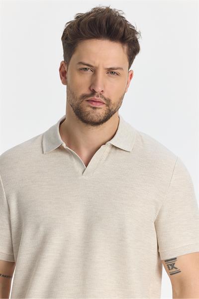 Nikol Erkek Krem Likralı Pamuk Karışımlı Esneyen Kumaş Spor Yaka Slim Fit Polo Yaka T-Shirt