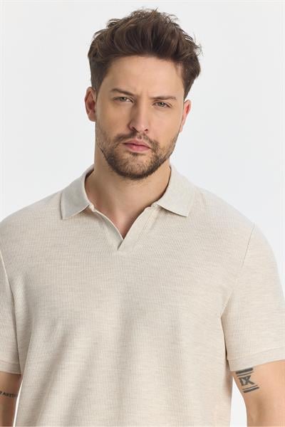 Nikol Erkek Krem Likralı Pamuk Karışımlı Esneyen Kumaş Spor Yaka Slim Fit Polo Yaka T-Shirt