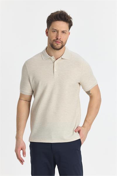Nikol Erkek Krem Likralı Pamuk Karışımlı Melanj Efektli Slim Fit Kıvrılmaz Yaka Polo Yaka T-Shirt