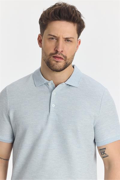 Nikol Erkek Mavi Likralı Pamuk Karışımlı Melanj Efektli Slim Fit Kıvrılmaz Yaka Polo Yaka T-Shirt