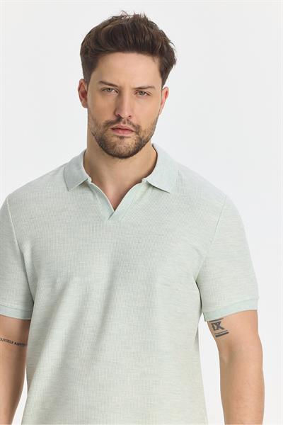 Nikol Erkek Mint Likralı Pamuk Karışımlı Esneyen Kumaş Spor Yaka Slim Fit Polo Yaka T-Shirt