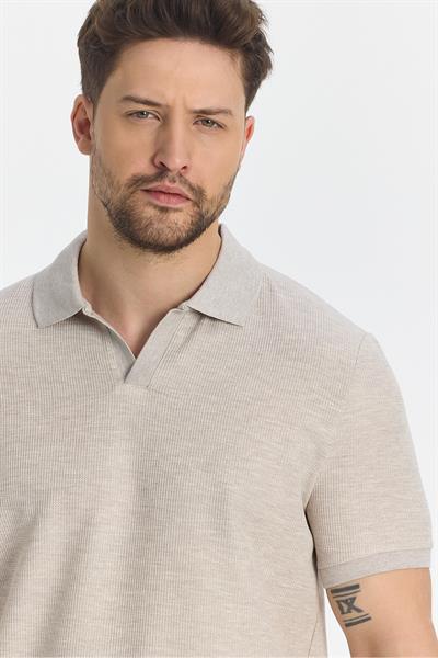 Nikol Erkek Vizon Likralı Pamuk Karışımlı Esneyen Kumaş Spor Yaka Slim Fit Polo Yaka T-Shirt
