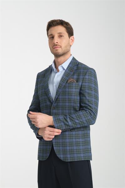 Nina Erkek Lacivert - Yeşil Ekose Slim Fit Mono Yaka Spor Blazer Ceket
