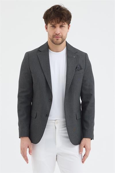 Nuxes Erkek Koyu Gri Poliviskon Kumaşlı Slim Fit Kendinden Mendilli Mono Yaka Spor Blazer Ceket