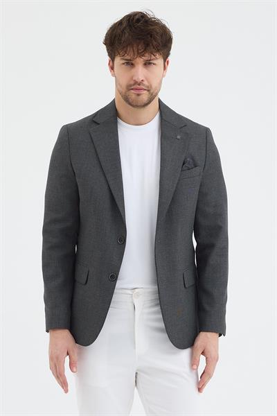 Nuxes Erkek Koyu Gri Poliviskon Kumaşlı Slim Fit Kendinden Mendilli Mono Yaka Spor Blazer Ceket
