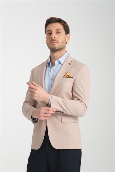 Odessa Erkek Bej Kendinden Desenli Mevsimlik Mono Yaka Slim Fit Blazer Ceket