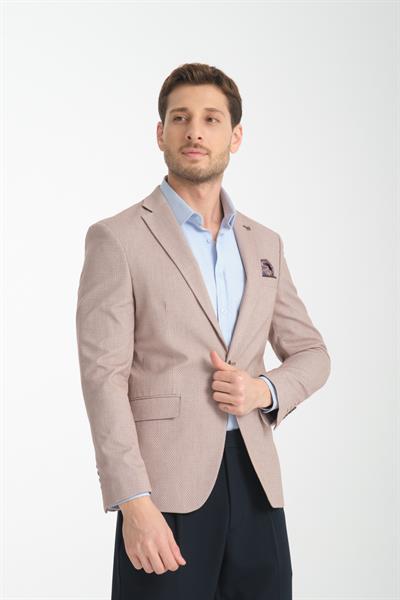 Odessa Erkek Kahverengi Kendinden Desenli Mevsimlik Mono Yaka Slim Fit Blazer Ceket