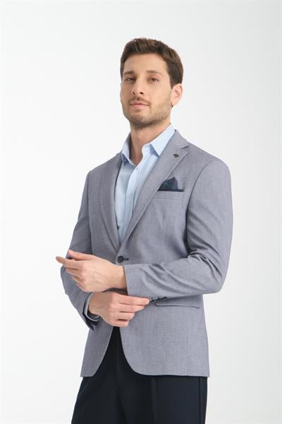 Odessa Erkek Lacivert Kendinden Desenli Mevsimlik Mono Yaka Slim Fit Blazer Ceket