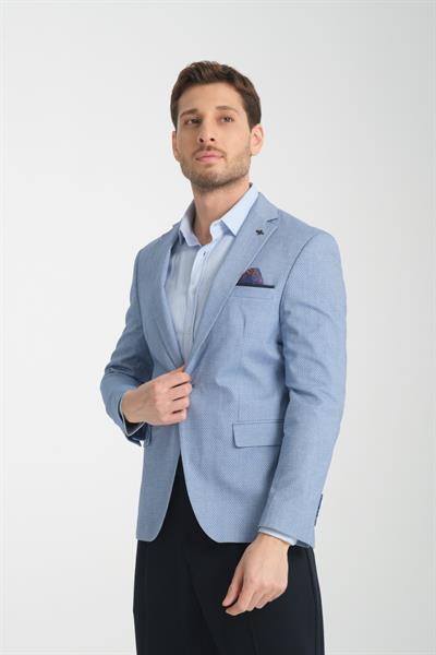 Odessa Erkek Lacivert Kendinden Desenli Mevsimlik Mono Yaka Slim Fit Blazer Ceket
