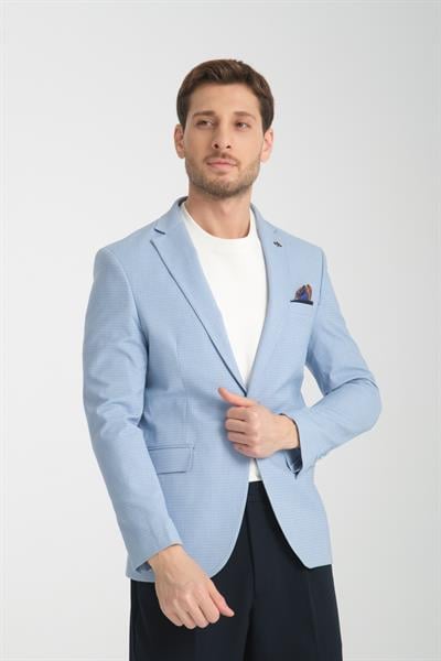 Odessa Erkek Mavi Kendinden Desenli Mevsimlik Mono Yaka Slim Fit Blazer Ceket
