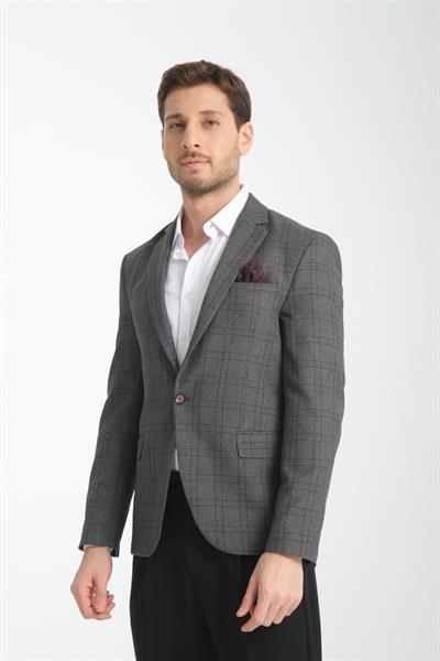 Opera Erkek Siyah - Bordo Ekose Slim Fit Mono Yaka Spor Blazer Ceket