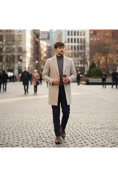 Pagano Erkek Bej Ceket Yaka Slim Fit Kaşe Kaban