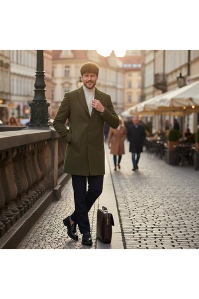 Pagano Erkek Haki Ceket Yaka Slim Fit Kaşe Kaban