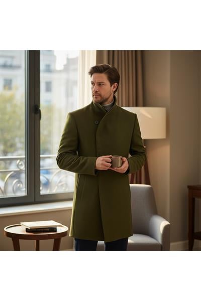 Pagano Erkek Haki Şal Yaka Slim Fit Kaşe Kaban