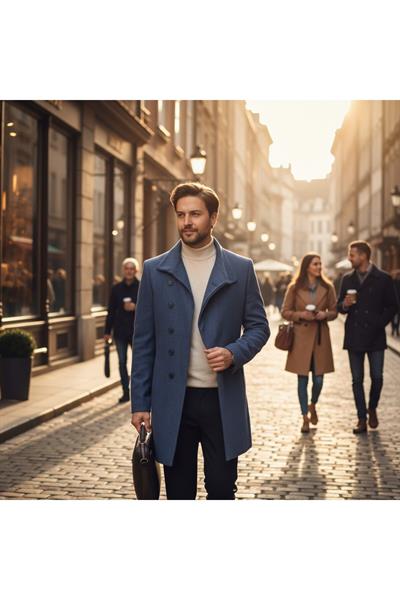 Pagano Erkek İndigo Şal Yaka Slim Fit Kaşe Kaban