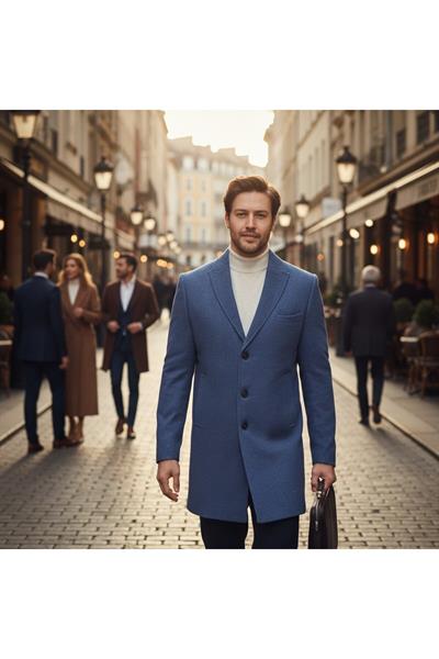 Pagano Erkek İndigo Sivri Yaka Slim Fit Kaşe Kaban